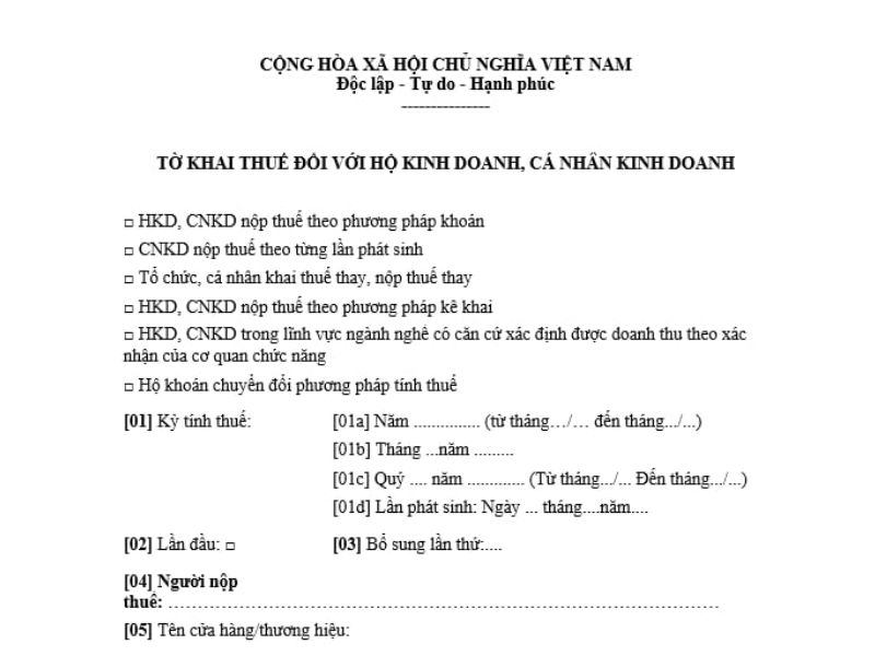 Tờ khai thuế hộ kinh doanh